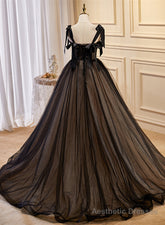 Black Straps Tulle with Lace Long Formal Dress, Black A-line Prom Dress